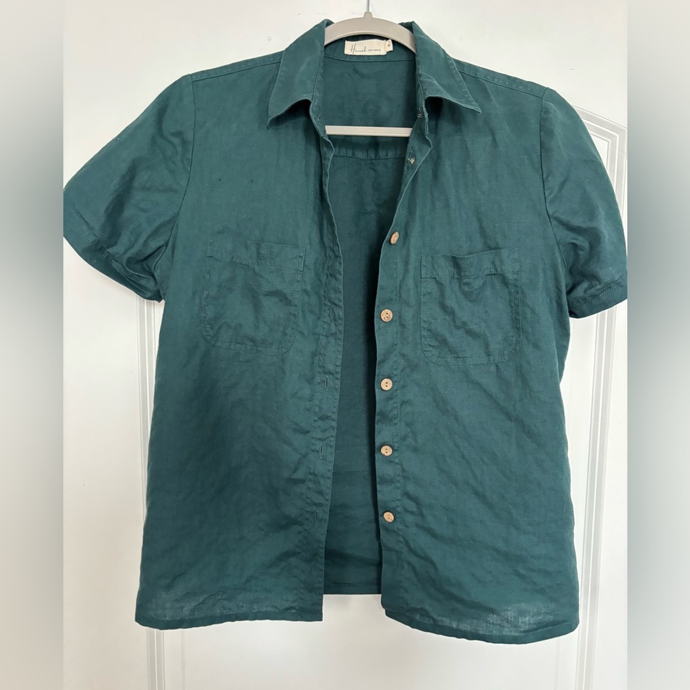 Bluish Green 100% Linen Short Sleeve Button Up Shirt